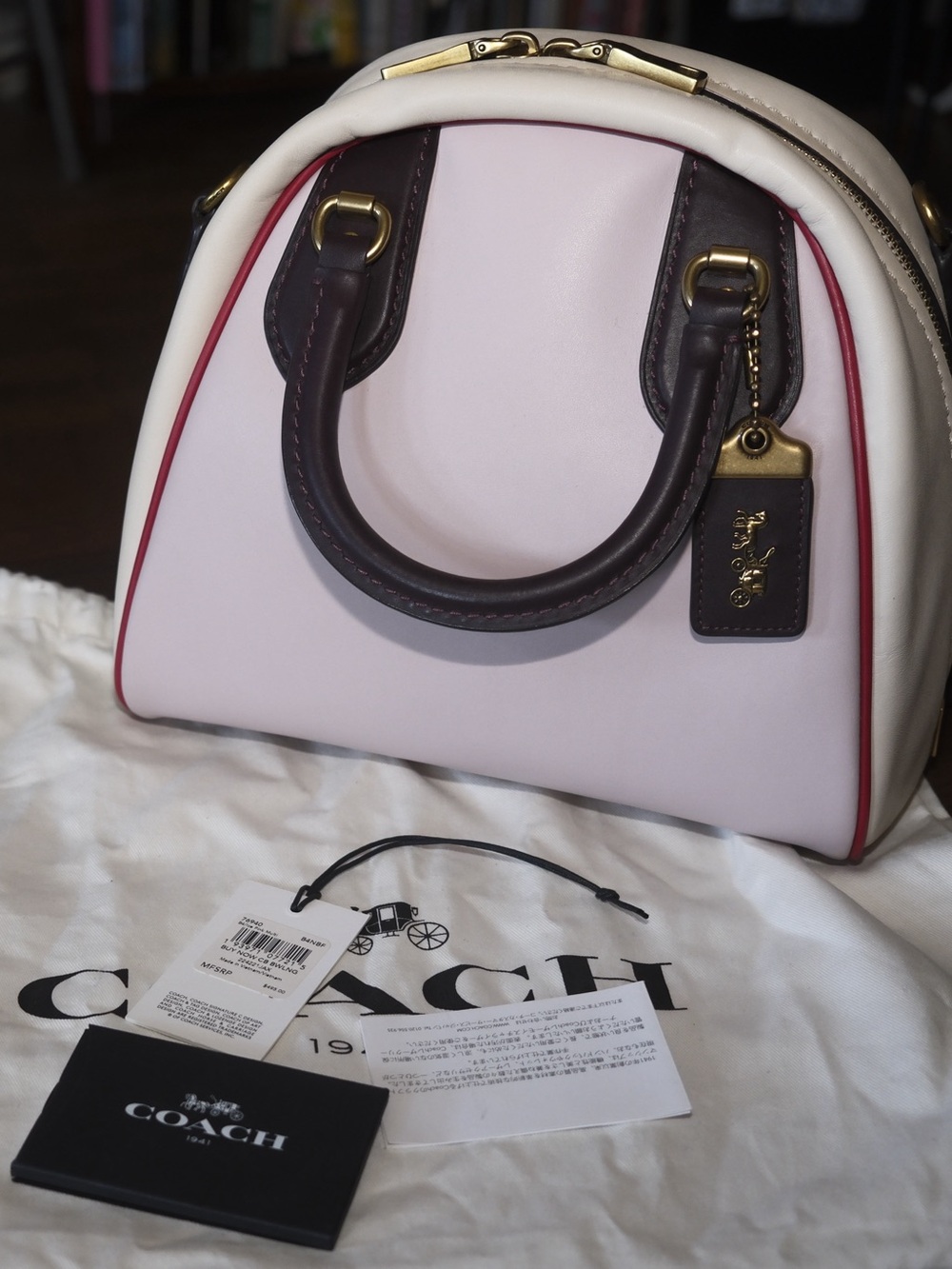 Coach Colorblock Pink  and Cream Marliegh Satchel w/Oxblood Trim and Red Piping - Picture 14 of 15